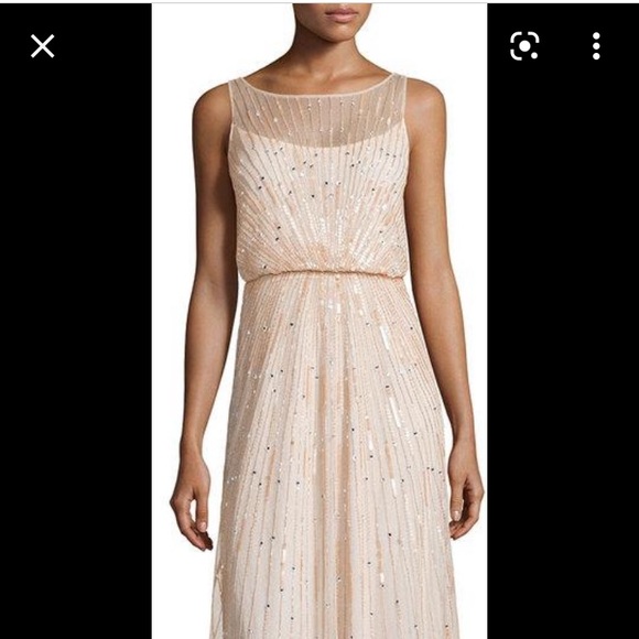 Aidan Mattox Champagne Gold Sunburst Illusion Neckline Gown Dress - Picture 3 of 14